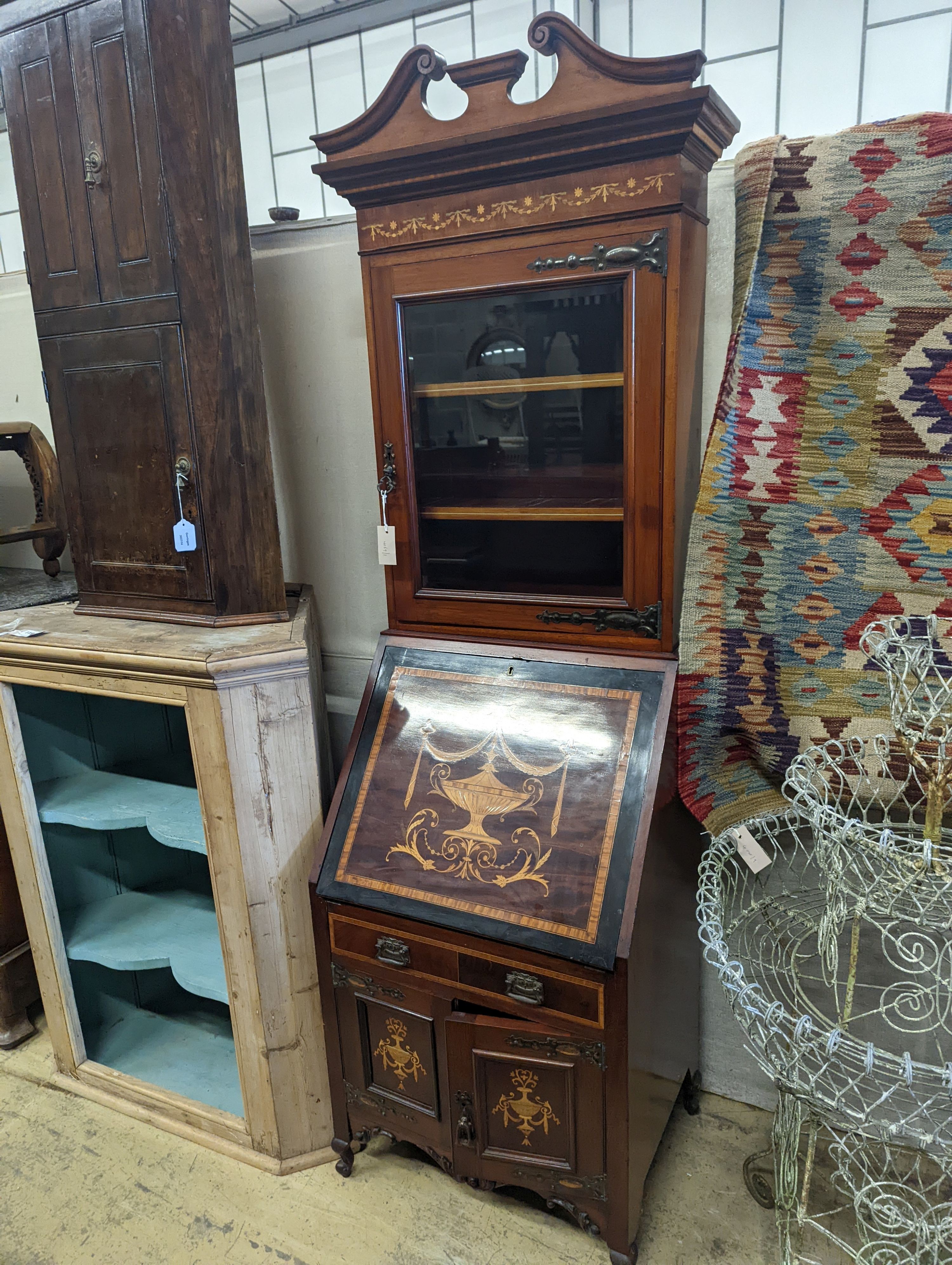 An Edwardian marquetry inlaid satinwood banded mahogany bureau bookcase of narrow proportions, width 58cm, depth 46cm, height 194cm